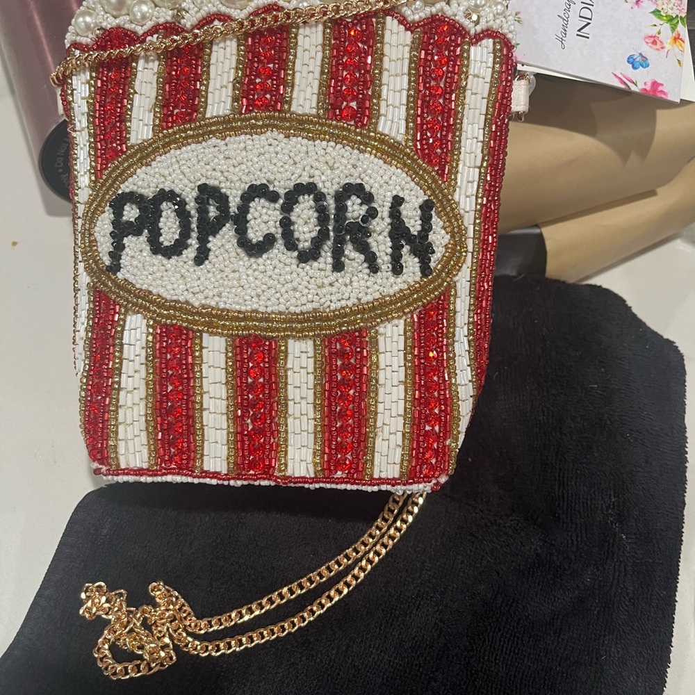 Red and White Popcorn Beaded Clutch with Gold Chain